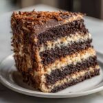 A tall, decadent slice of german chocolate cake recipe showing rich dark layers and coconut pecan frosting.
