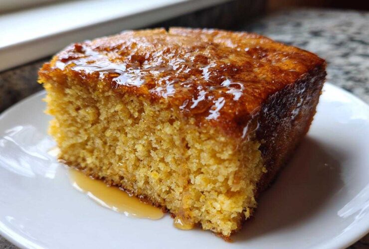 A close-up of a square slice of golden sourdough cornbread drizzled generously with honey or syrup on a white plate.