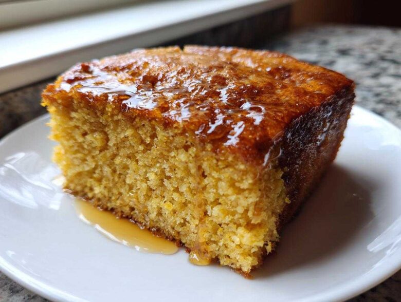 A close-up of a square slice of golden sourdough cornbread drizzled generously with honey or syrup on a white plate.
