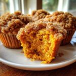 Close-up of moist sweet potato muffins, one halved to show the orange interior and sugary crumb topping.
