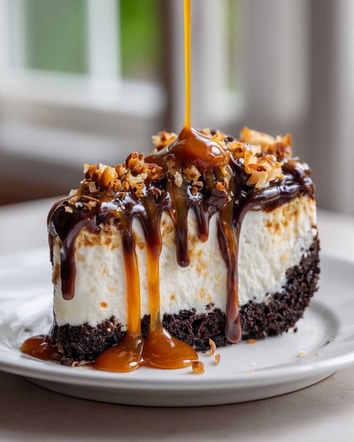 A decadent slice of no-bake Samoa Cheesecake being drizzled with thick caramel sauce and chocolate.