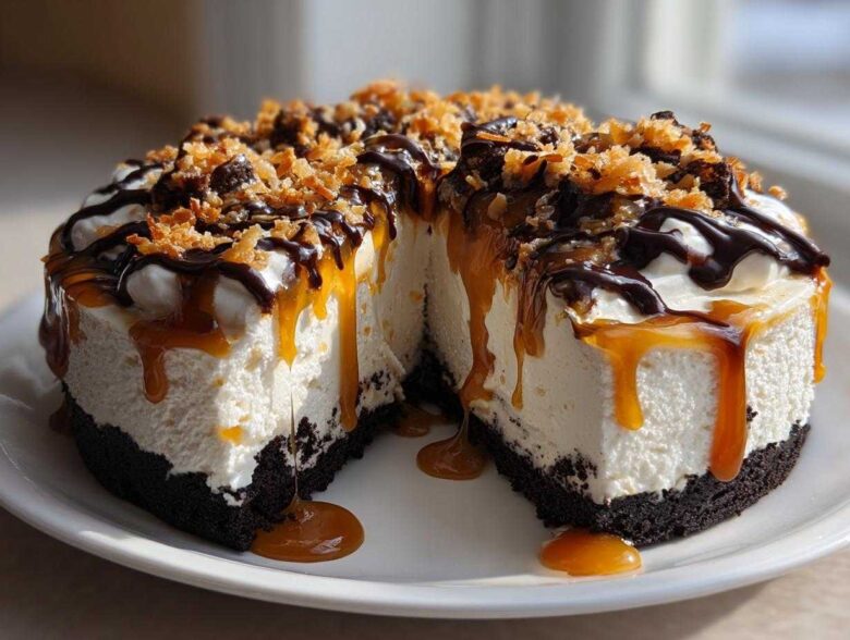 A rich, no-bake Samoa Cheesecake with a thick crust, creamy filling, topped with caramel, chocolate, and toasted coconut.
