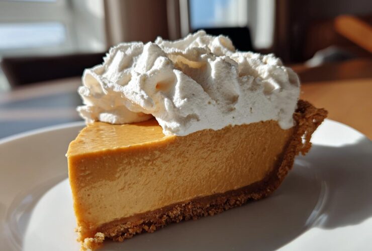 A perfect slice of old-fashioned butterscotch pie with a graham cracker crust and topped with fluffy whipped cream.