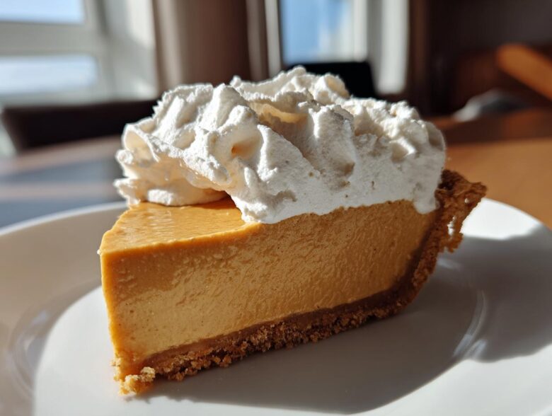 A perfect slice of old-fashioned butterscotch pie with a graham cracker crust and topped with fluffy whipped cream.