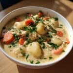 A close-up of a hearty bowl of olive garden chicken gnocchi soup, featuring tender gnocchi, shredded chicken, carrots, and fresh parsley.