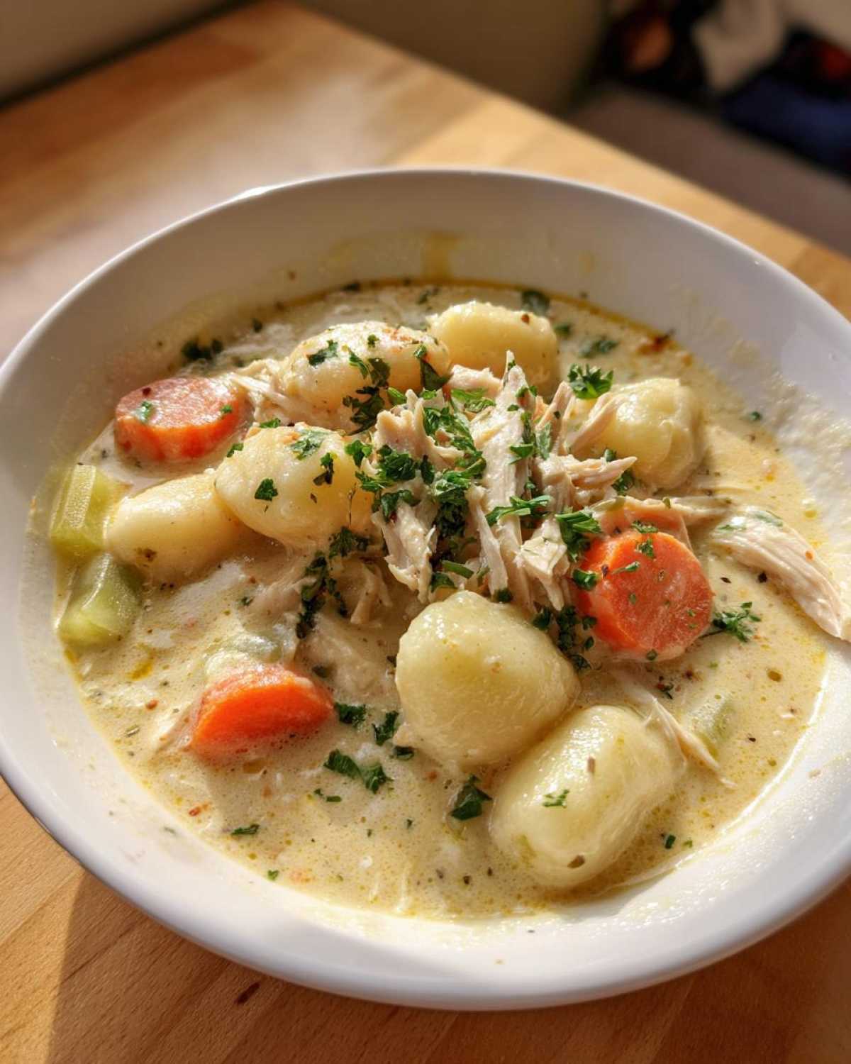 A close-up of a white bowl filled with creamy olive garden chicken gnocchi soup, featuring soft gnocchi, shredded chicken, carrots, and parsley.