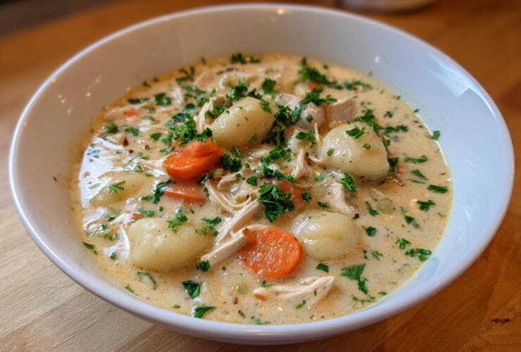A close-up of a white bowl filled with creamy olive garden chicken gnocchi soup, garnished with fresh parsley.