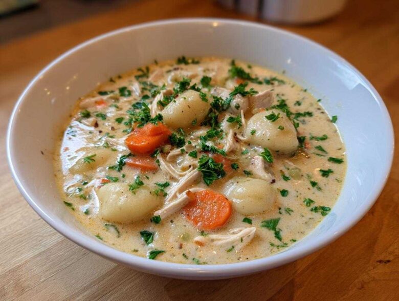 A close-up of a white bowl filled with creamy olive garden chicken gnocchi soup, garnished with fresh parsley.