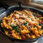 A close-up of delicious ground turkey pasta with spinach and melted cheese in a black cast iron skillet.