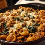 Close-up of one-pot ground turkey pasta in a skillet, topped with melted mozzarella cheese and spinach.