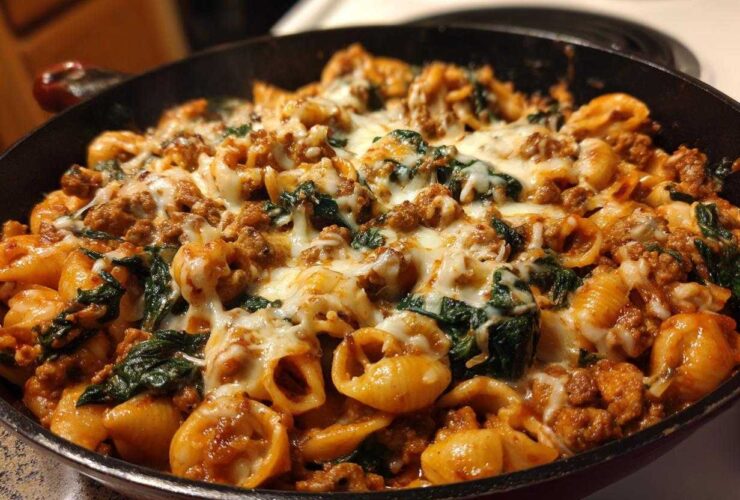 Close-up of one-pot ground turkey pasta in a skillet, topped with melted mozzarella cheese and spinach.