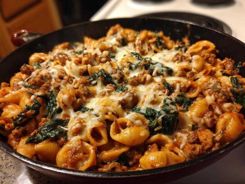 Close-up of one-pot ground turkey pasta in a skillet, topped with melted mozzarella cheese and spinach.