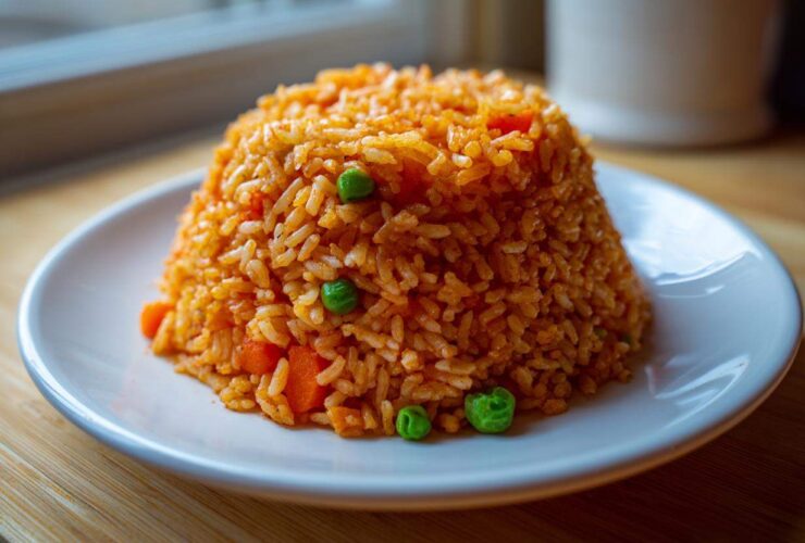A mound of vibrant orange Spanish rice mixed with bright green peas and diced carrots, served on a white plate.