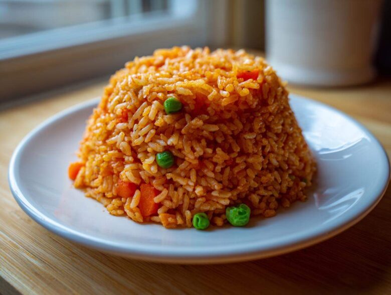 A mound of vibrant orange Spanish rice mixed with bright green peas and diced carrots, served on a white plate.