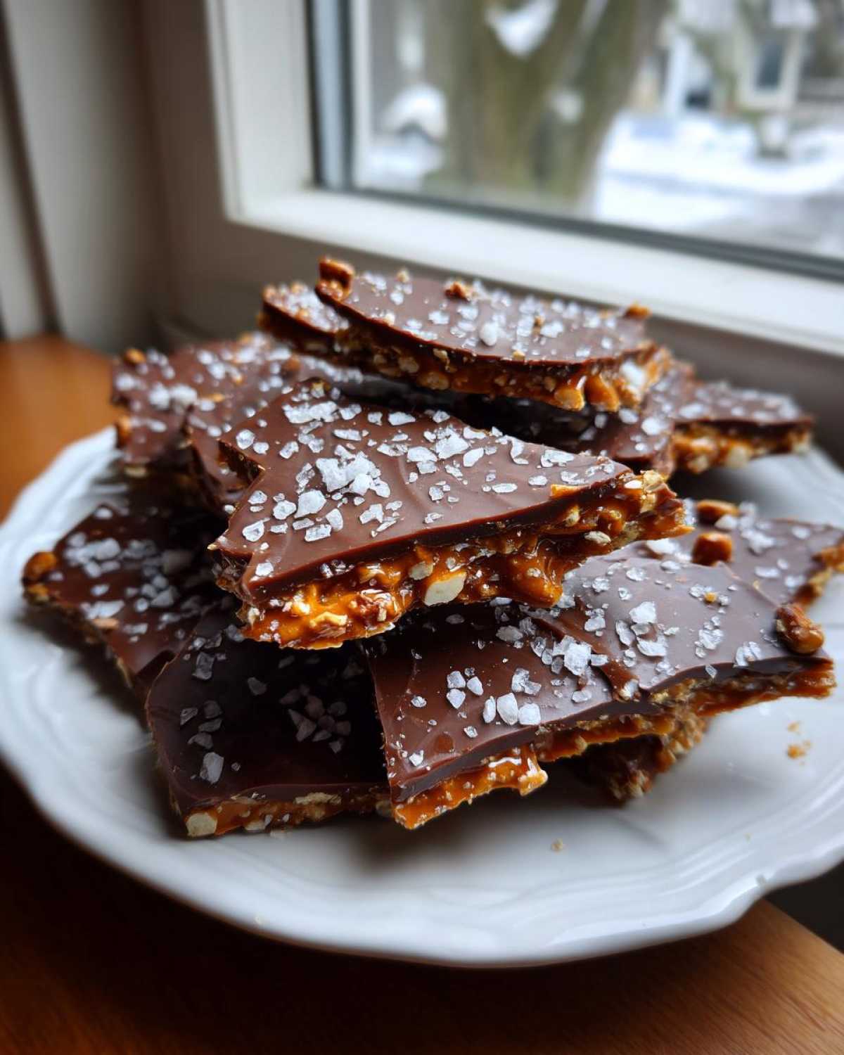 A pile of broken pieces of peanut butter pretzel bark topped with flaky sea salt, resting on a white plate.