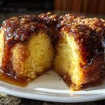 A slice cut from a bundt-style pecan upside down cake, showing the moist yellow crumb and rich, dripping caramel pecan topping.