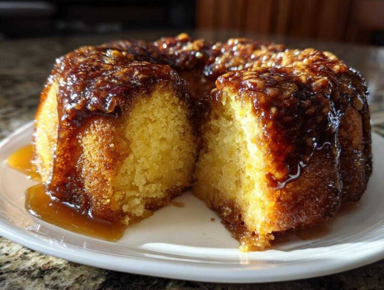 A slice cut from a bundt-style pecan upside down cake, showing the moist yellow crumb and rich, dripping caramel pecan topping.