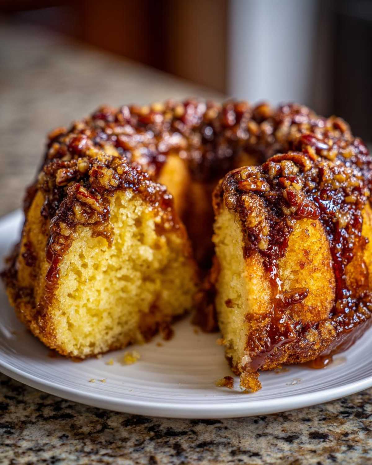 A moist pecan upside down cake with a rich caramel topping, sliced open to show the yellow crumb texture.