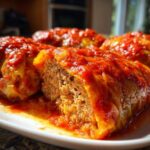 Close-up of perfectly cooked cabbage rolls stuffed with meat filling, smothered in a bright red tomato sauce.