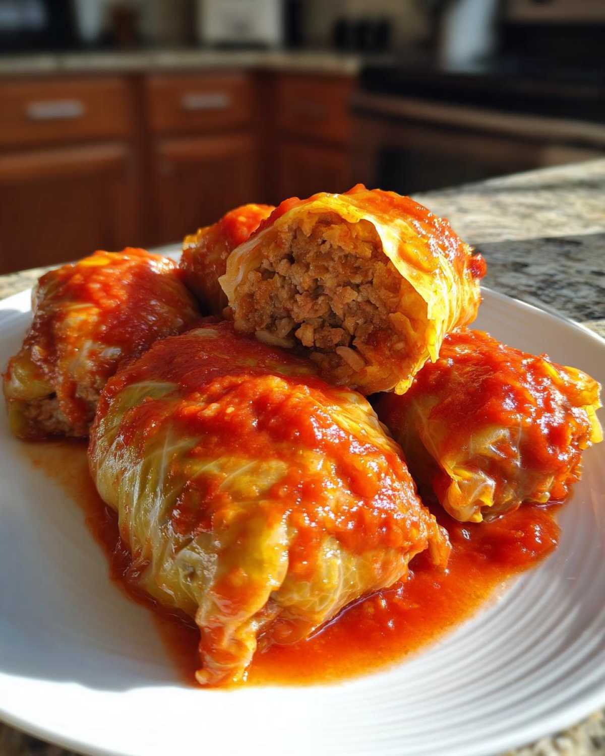 A plate of homemade cabbage rolls smothered in bright red tomato sauce, with one roll cut open showing the meat and rice filling.