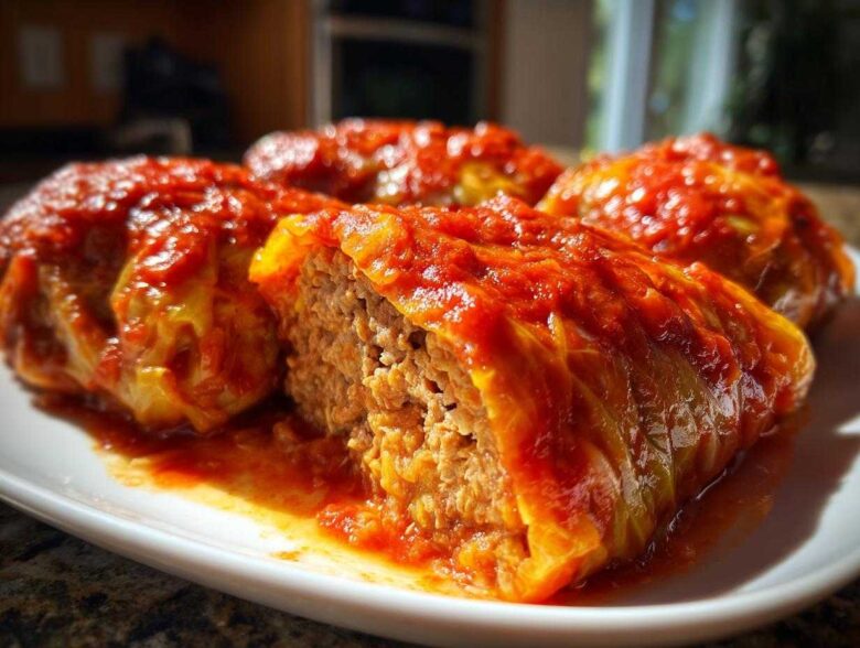 Close-up of perfectly cooked cabbage rolls stuffed with meat filling, smothered in a bright red tomato sauce.