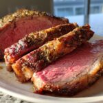 Close-up of a perfectly cooked prime rib roast, sliced to show a medium-rare center and a thick, herbed crust.