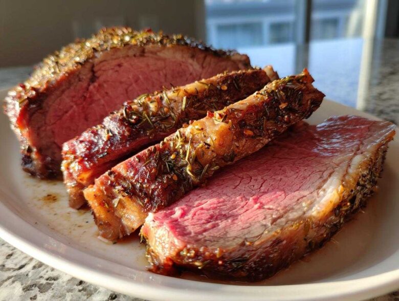Close-up of a perfectly cooked prime rib roast, sliced to show a medium-rare center and a thick, herbed crust.