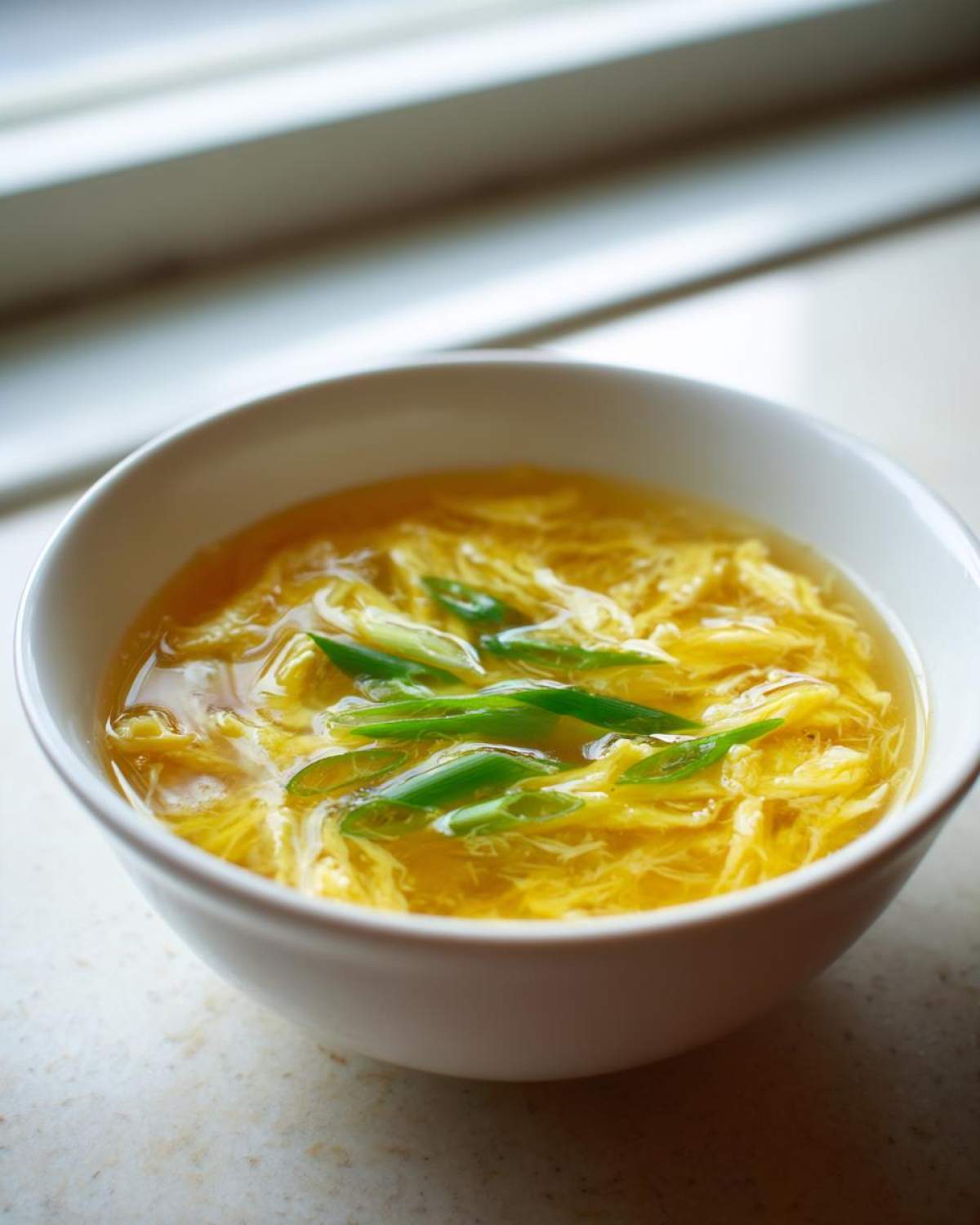 A close-up of a white bowl filled with hot, savory egg drop soup, garnished with bright green sliced scallions.