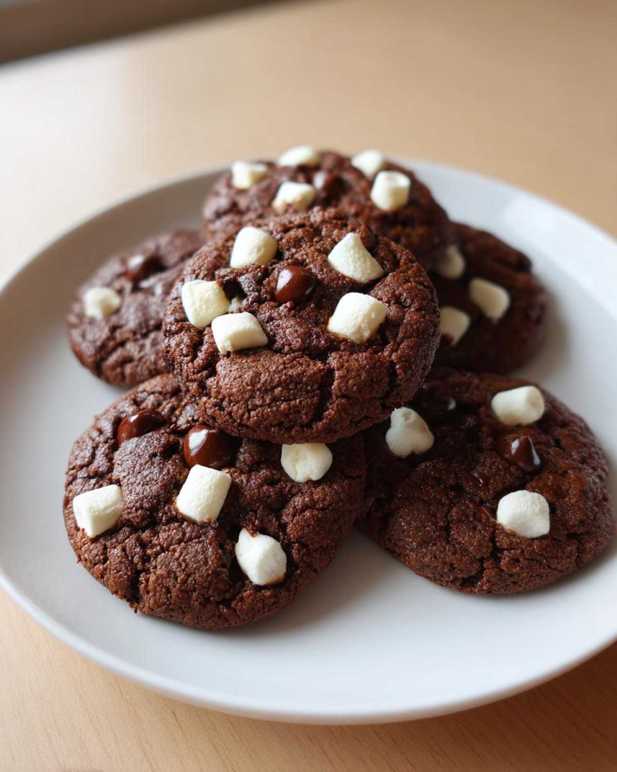 A stack of dark chocolate hot chocolate cookies topped with mini marshmallows and chocolate chips on a white plate.