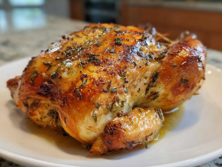 A whole, perfectly roasted spatchcock chicken with crispy, golden-brown skin seasoned with herbs, resting on a white plate.