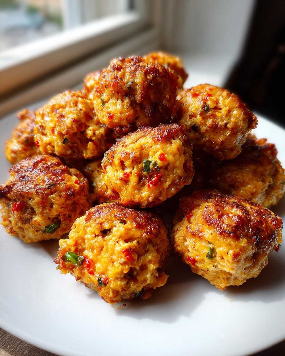 A close-up of golden-brown rotel cream cheese sausage balls piled high on a white plate, showing flecks of red pepper.