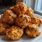 A pile of golden brown rotel cream cheese sausage balls seasoned with visible specks of green herbs and red pepper.