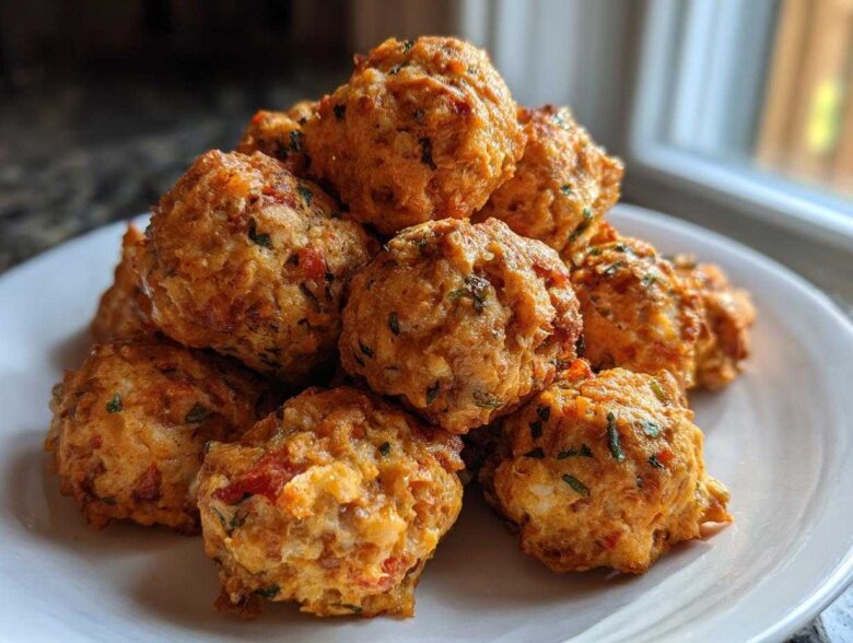A pile of golden brown rotel cream cheese sausage balls seasoned with visible specks of green herbs and red pepper.