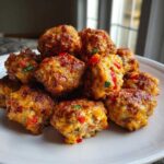 A close-up stack of golden-brown rotel cream cheese sausage balls on a white plate.