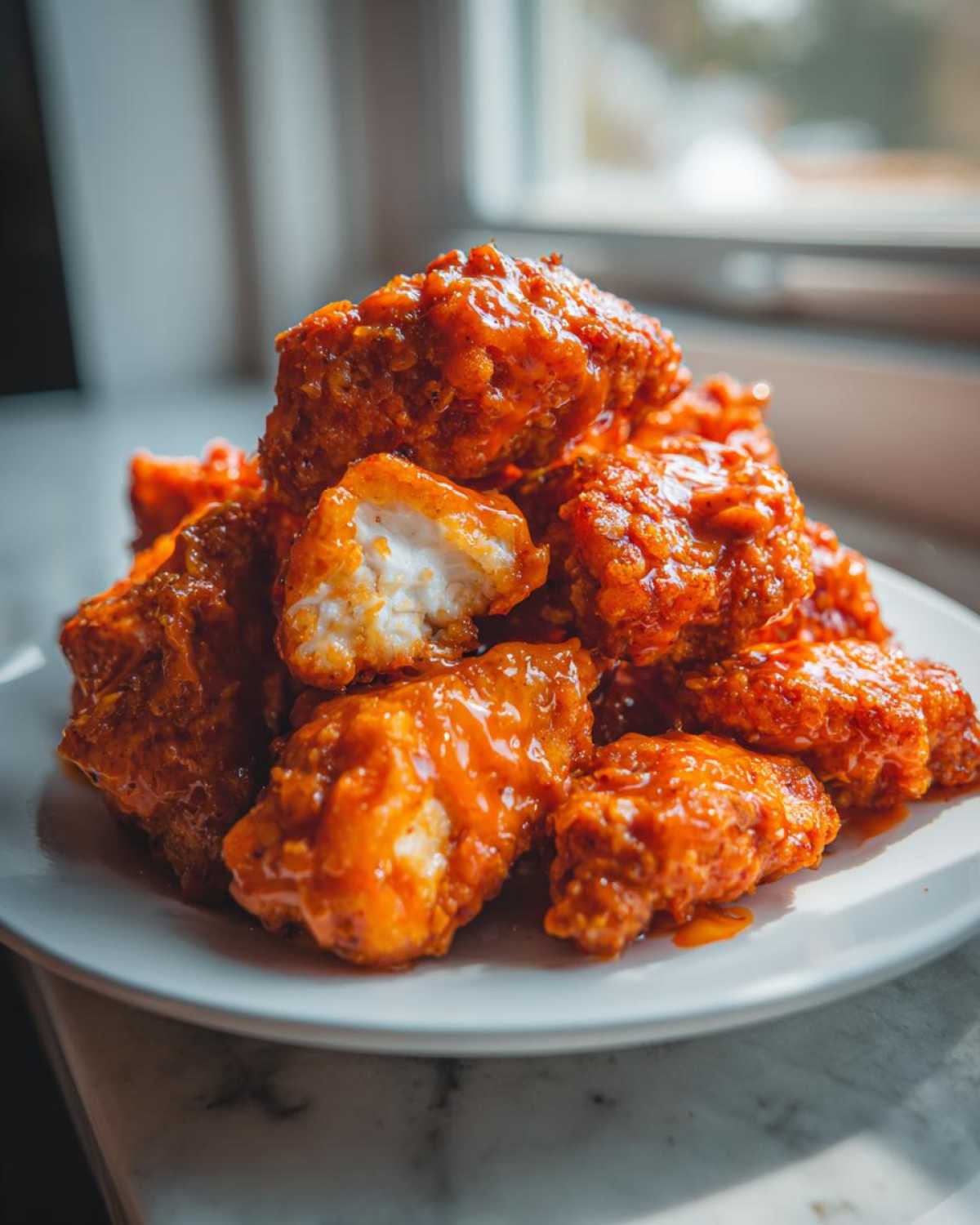 A close-up of crispy, saucy Bang Bang Chicken pieces piled high on a white plate, one piece broken open showing the white meat.