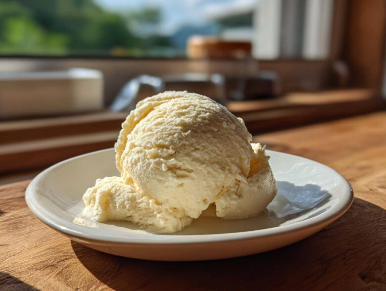 A perfect scoop of creamy, pale yellow banana ice cream served on a small white dish.