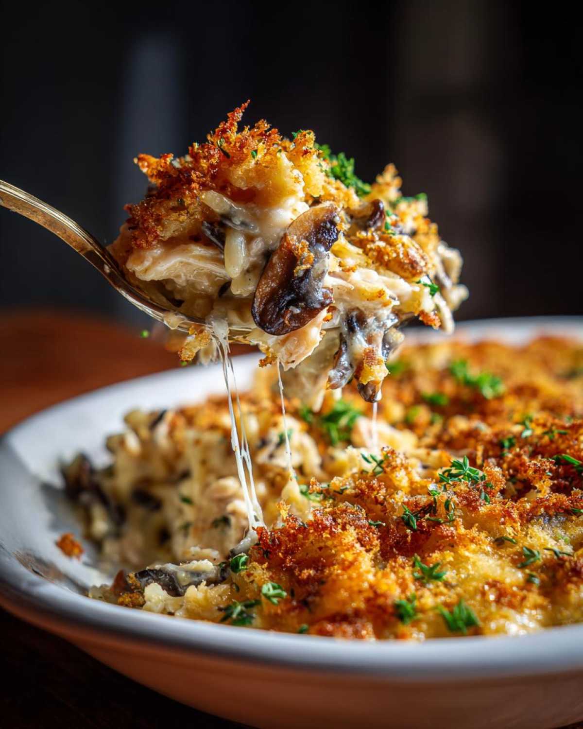 A spoonful of creamy chicken wild rice casserole, showing melted cheese pulls and crispy mushroom topping.