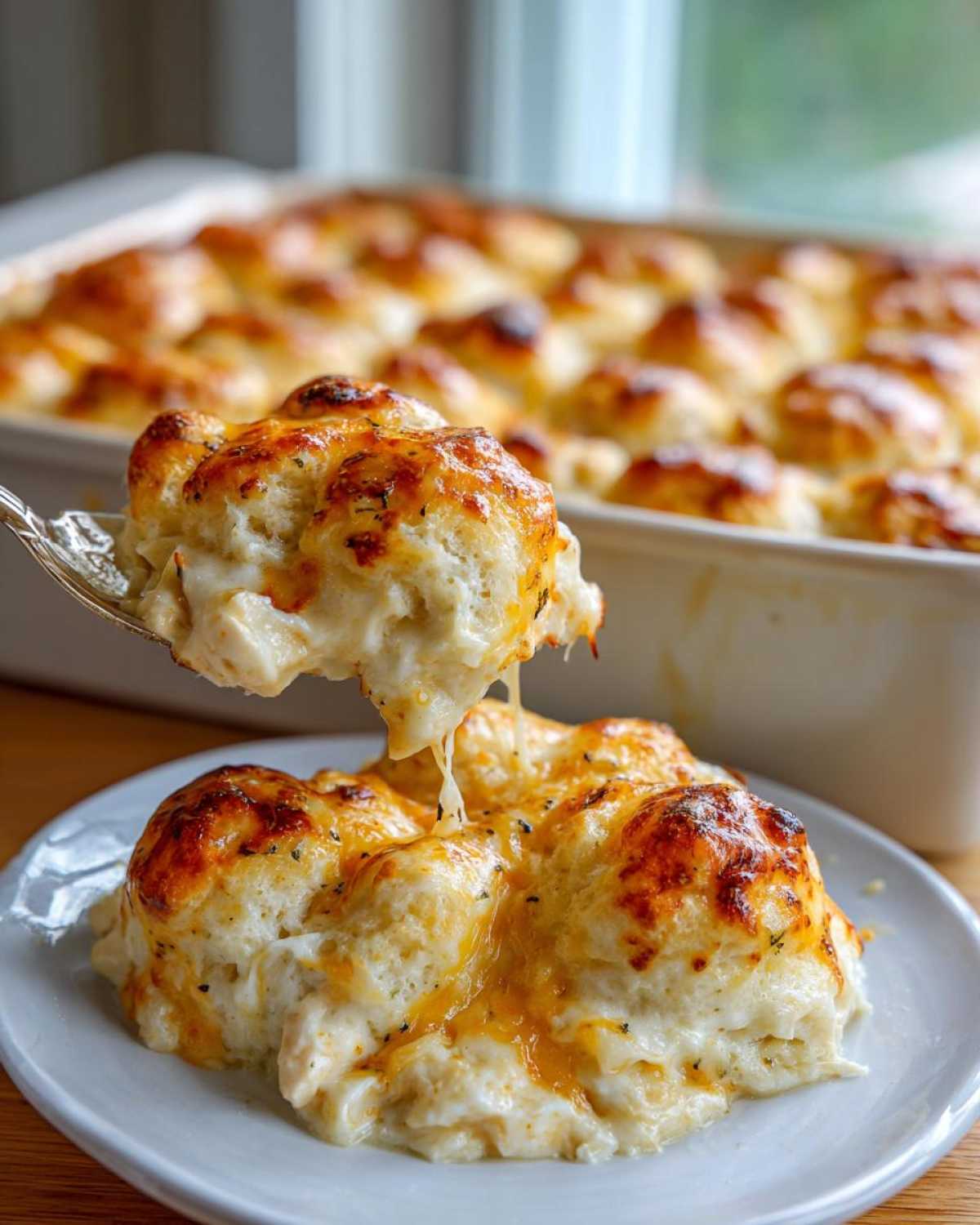 A spoonful of creamy chicken bubble biscuit bake casserole being lifted, showing melted cheese pull.