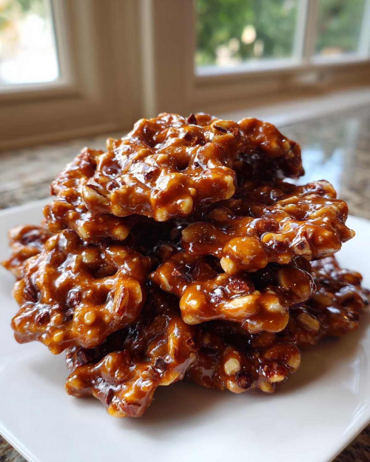 A stack of shiny, caramel-coated toffee pretzels crunch pieces piled high on a white plate.