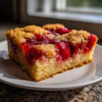 A square slice of moist cherry dump cake with bright red filling and a golden crumb topping on a white plate.