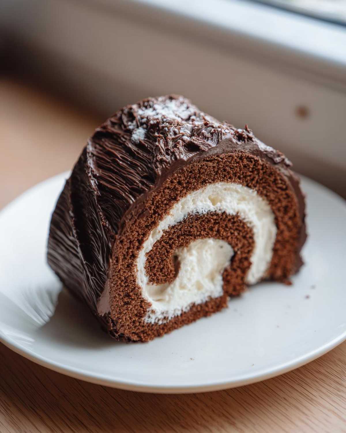 Close-up of a slice of chocolate yule log cake showing the dark chocolate sponge and white cream swirl filling.