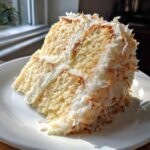 A moist slice of layered coconut cake recipe with white frosting and toasted coconut flakes.