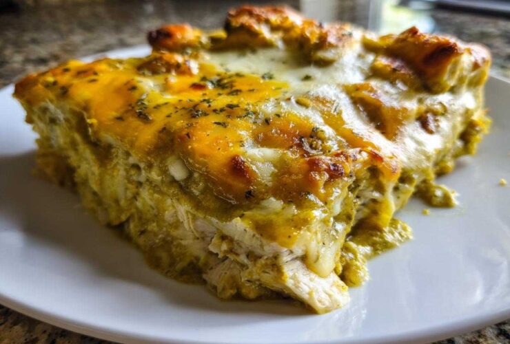 Close-up of a rich, cheesy slice of green chile chicken enchiladas covered in melted cheese and herbs.