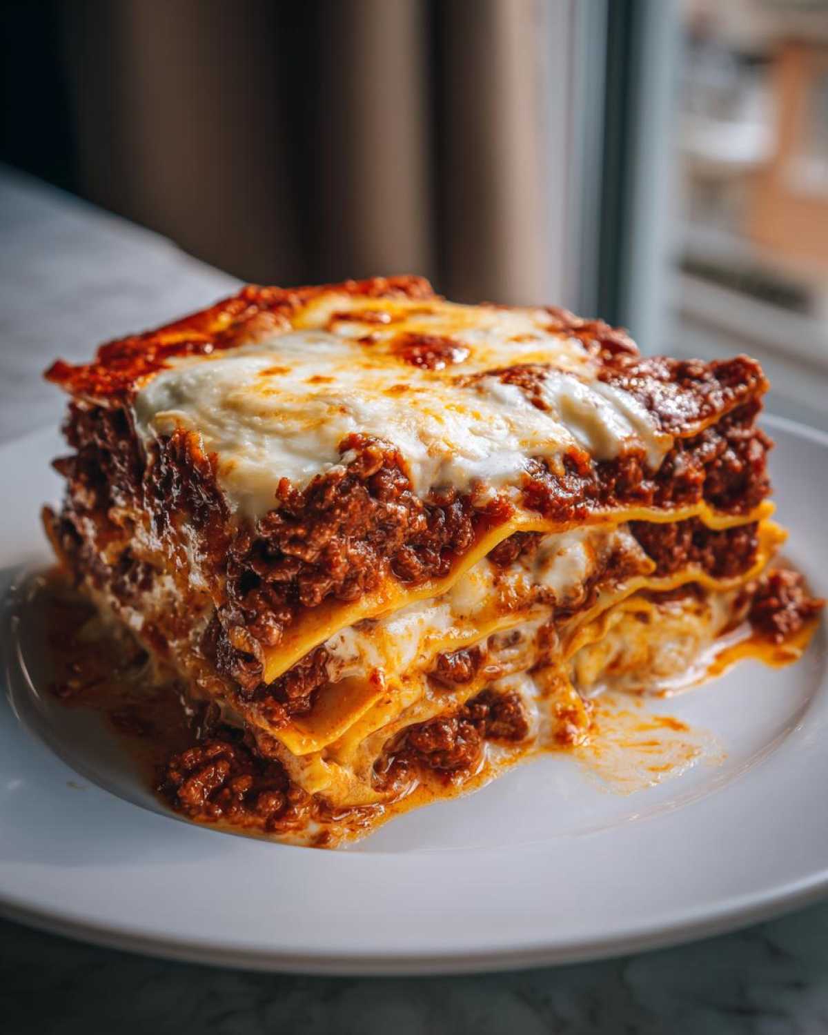 A tall, rich slice of homemade lasagna featuring layers of pasta, hearty meat sauce, and bubbly melted cheese.