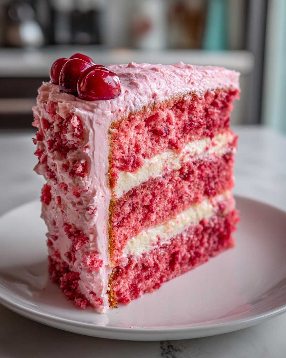 A tall, moist slice of three-layer cherry cake with white filling and pink frosting, topped with fresh cherries.