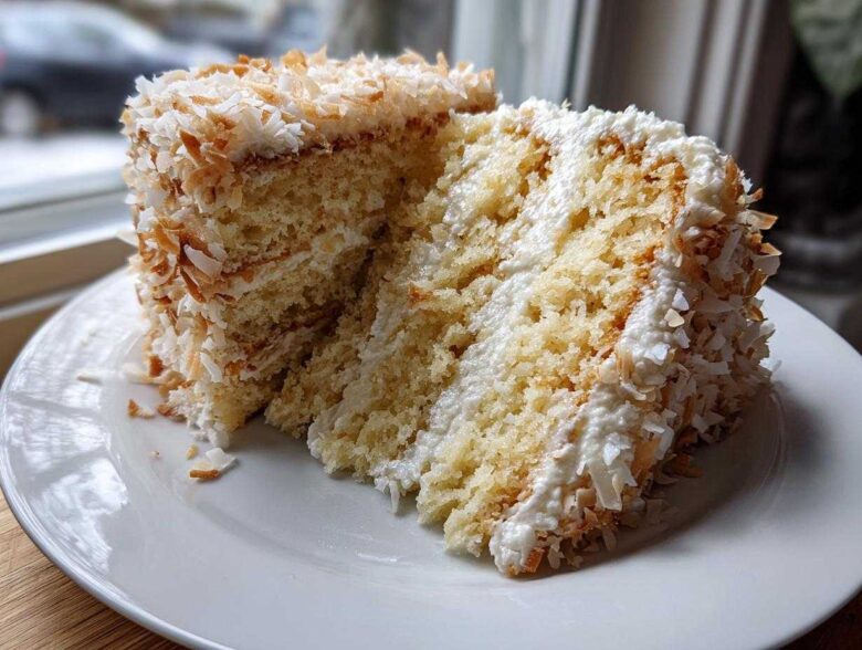 Close-up of a moist slice of coconut cake recipe layered with white frosting and covered in toasted coconut flakes.