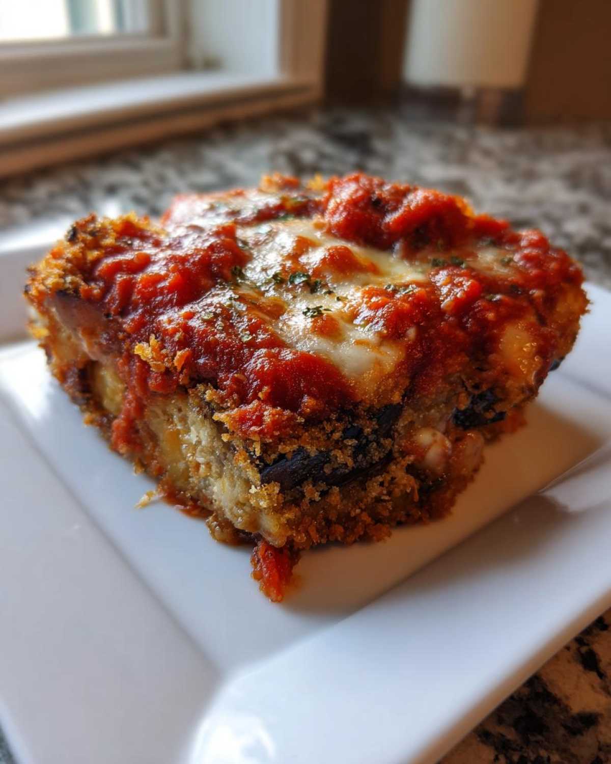 A close-up of a square slice of baked eggplant parmesan topped with melted cheese and rich tomato sauce.