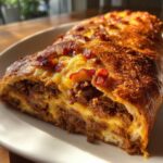 Close-up of a slice of baked garbage bread stuffed with seasoned ground meat and melted cheese, topped with bacon.