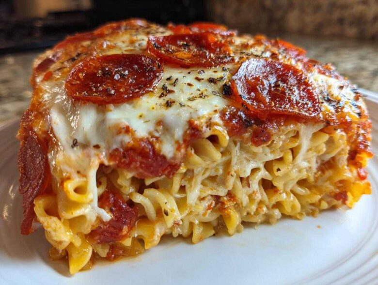 Close-up of a thick slice of pizza pasta bake showing melted cheese, pepperoni, and spiral pasta.