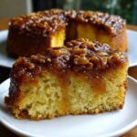 A close-up slice of moist pecan upside down cake showing the rich, gooey caramel and pecan topping.
